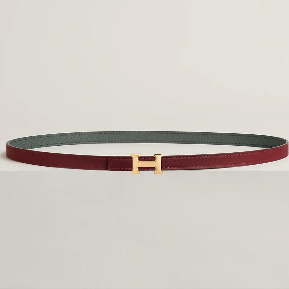 NEW Hermes Burgundy GRAY Leather Belt mini Gold H Buckle CLASSIC REVERSIBLE